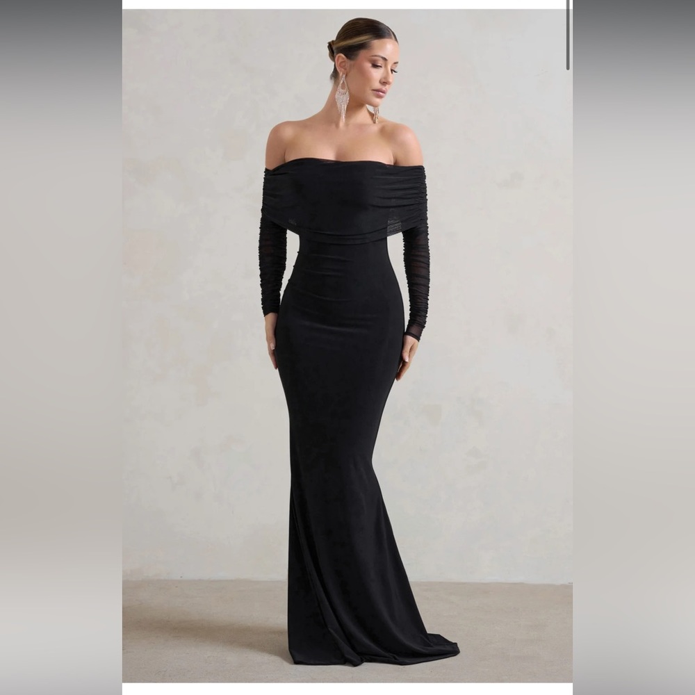 Madeleine Black Fishtail Maxi Dress With Bardot Mesh Long Sleeves